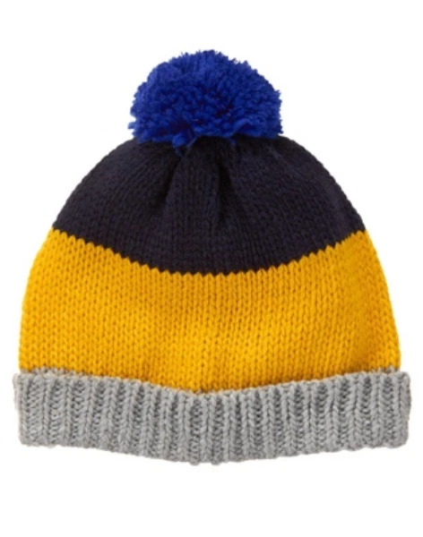 GYMBOREE BUFFALO LODGE NAVY YELLOW & GRAY POM SWEATER BEANIE HAT 4 5 6 7 8 10 12 - Image 1 of 1