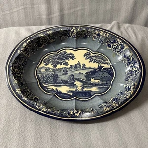 Daher Dekorierte Ware Blau Weiß Design NY Metall Oval Schale Made In England - Bild 1 von 16