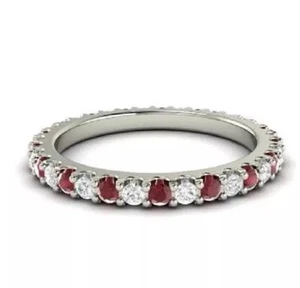 Stunning 14k Solid White Gold Natural Diamond Ruby Eternity Band Ring - Picture 1 of 5