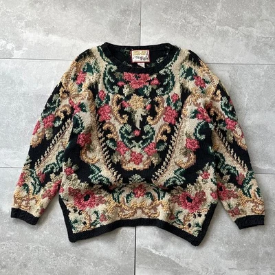 Vintage Crystal-Kobe Tapestry Floral Knit Sweater – Size - Baroque Rose Pattern - Image 1 of 4
