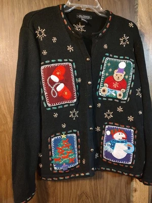 De Colección Todos los Puntos Por Punto de Referencia Feo Navidad Suéter Algodón Ramie Cárdigan L Foto 1 de 4