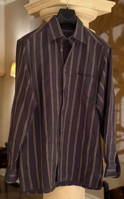 Ermenegildo Zegna Dark Plum and Gold Striped Men's Button-Down Dress Shirt, XL - Image 1 of 4