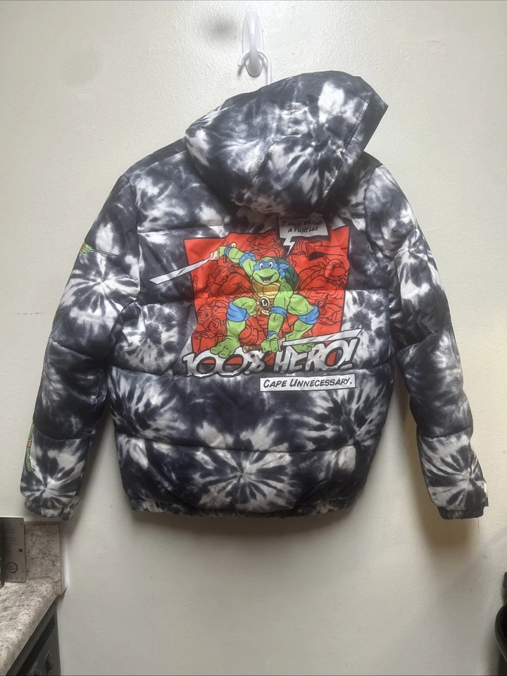 Nickelodeon Ninja Turtles Winter Coat Black and White Tie-Dye Puffer Sz 18 Hood - Image 1 of 4