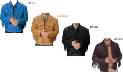 Chaqueta occidental para hombre con flecos de cuero gamuza coñac, marrón, negro, azul WFJ20 Foto 1 de 4