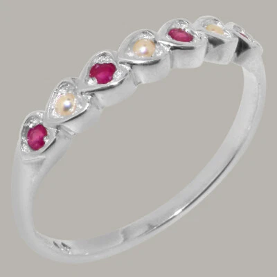 Solid 10k White Gold Cultured Pearl & Ruby Womens Eternity Ring - Image 1 of 4