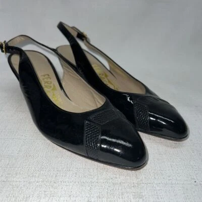 Salvatore Ferragamo Clásico Negro Cordones Charol Tacón Bajo Bloque Talla 5B Foto 1 de 4