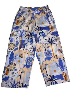 Pantalones Nicole Miller Grandes 100% Lino Isla Tropical Palmeras Resort Costero Foto 1 de 4