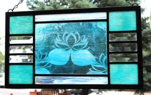 Stained Glass Window Panel Lotus Water Lily Turquoise - Picture 1 of 6