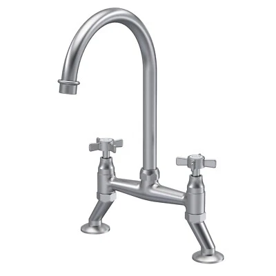 Nuie Bridge Kitchen Sink Mixer Tap Brushed Nickel Crosshead Handle Curved Spout - Image 1 of 4