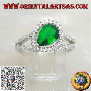 Anello in Argento 925‰ con smeraldo sintetico a goccia trasversale incastonato - Foto 1 di 5