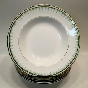 5 Furnivals England Rimmed Bowls Green Gold Geometric Trim 9” Soup Pasta Salad - Picture 1 of 9