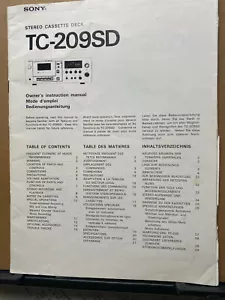 Owner Manual for the Sony TC-209SD Cassette Tape Deck - Picture 1 of 2