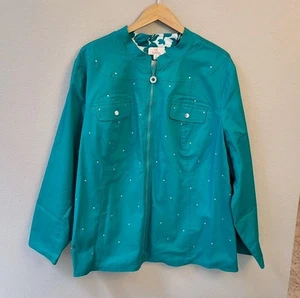 NWT Quacker Factory Jacket 3X Blue Teal Rhinestones Zip Up Floral Lining Cotton - Picture 1 of 16