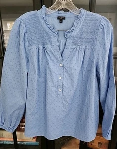 Talbots Womens XL Petite Blue Smocked 3 Button Popover Top - Picture 1 of 6