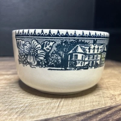 Vintage Ceramic White Sugar Bowl Blue House Flowers Scene No Lid Cottage - Image 1 of 4