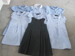 7 x SCHOOL DRESSES AGE 7-8yr BLUE & WHITE COTTON GINGHAM CHECK & GREY PINAFORE - Picture 1 of 5