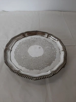 Silver Plated Ornate Round Serving Tray with Engraved Design - Image 1 of 4