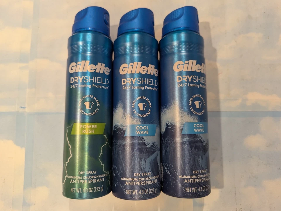 LOTE (3) GILLETTE DRY SHIELD ANTITRANSPIRANTE SPRAY SECO POWER RUSH/COOL WAVE 4,3 OZ Foto 1 de 1