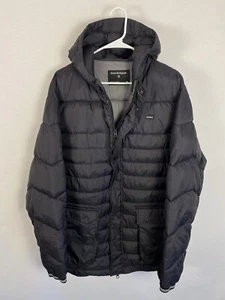 RARE Bearded Goat Mens XL Puffer Jacket Black Parka Jacket Hood Full Zip Button - Picture 1 of 12