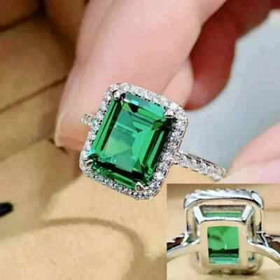 绿色翡翠和实验室钻石光环婚礼 14k 白金饰面戒指 — 第 1/4 张图片