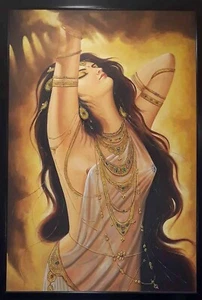 Indian Lady Painting Hand Painted Beautiful Women Art On Canvas 26x38 Inches - Picture 1 of 3