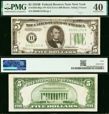 1934B $5 Federal Reserve Note PMG 40 - New York - Face Plate Error # 212 - Image 1 of 3