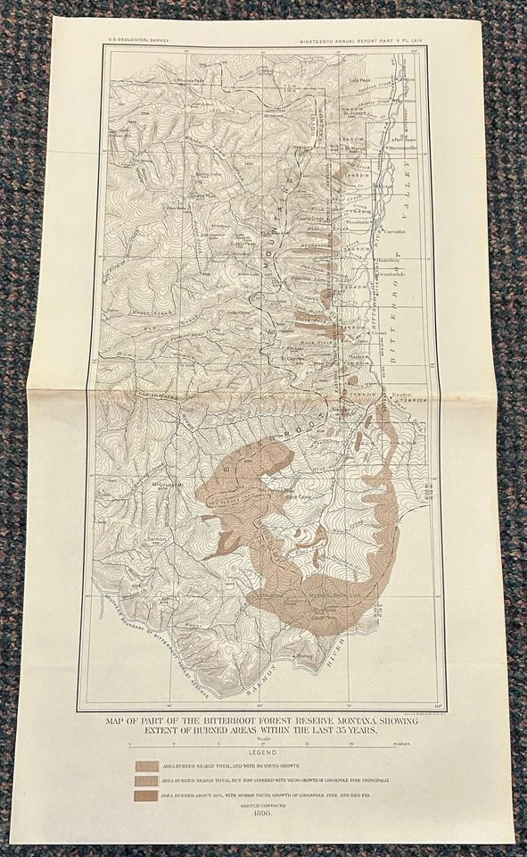 1898 Montana Bitterroot Forest fire burned areas 1863-1898 map - Image 1 of 1