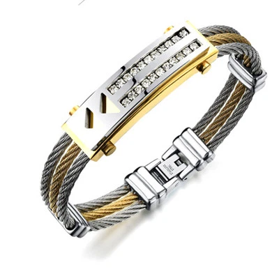 Brazalete brazalete de acero inoxidable dorado con cable trenzado para mujeres y hombres con cristales  Foto 1 de 4