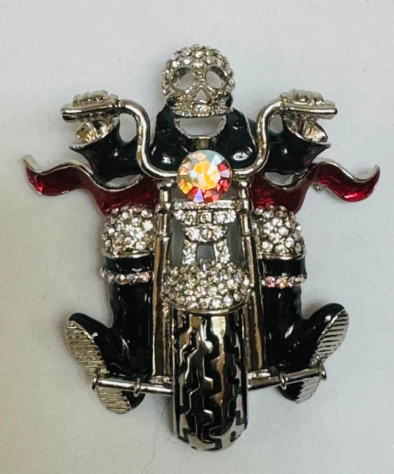 Butler and Wilson Clear Crystal Skeleton Bike Motorbike Skull Rider Brooch NEW - Image 1 of 1