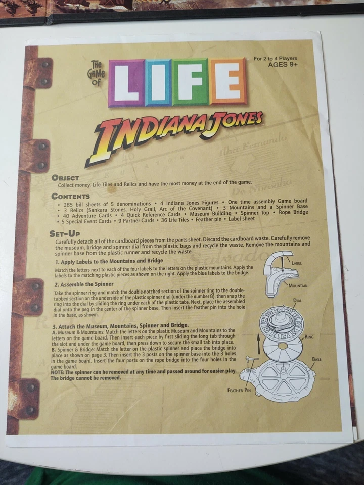 The Game of Life Edición Indiana Jones SOLO PIEZAS Manual de instrucciones Piezas Foto 1 de 2