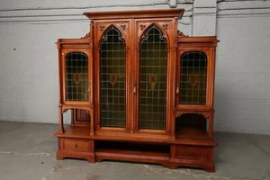 BEAUTIFUL GOTHIC WALNUT ORIGINAL STAINED GLASS BOOKCASE - BAE14 - Picture 1 of 1