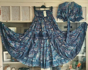 GORGEOUS blue multi HI-LOW tiered ruffle MAXI SKIRT+GYPSY CROP TOP*S*UK 8/10 - Picture 1 of 10