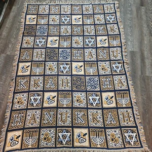Vintage Goodwin Weavers Hanukkah Jewish Blanket Tapestry Throw Fringe 65" x 45" - Picture 1 of 3