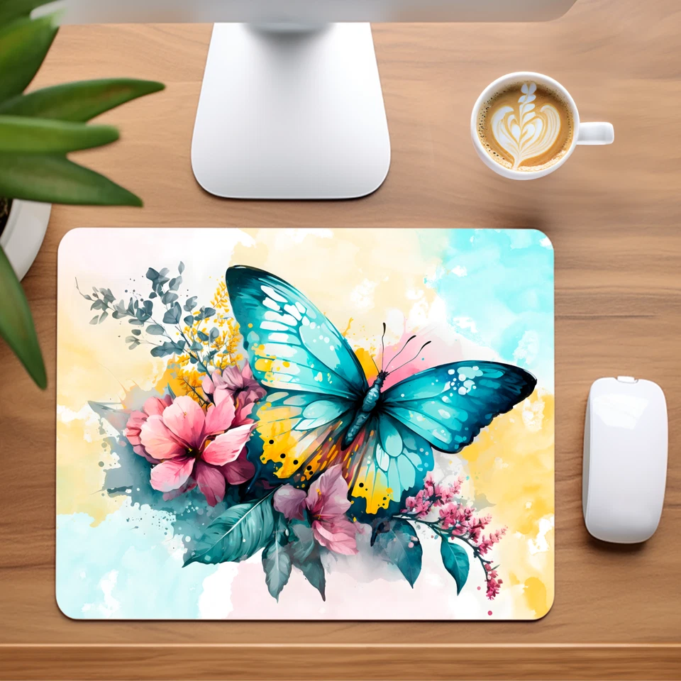 Teal and Yellow Butterfly Custom Non-Slip Neoprene Mouse Pad Home Office - Image 1 of 1