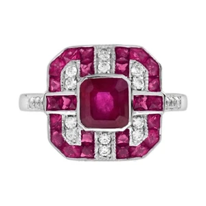 18K Gold Ruby Diamond Art Deco Style Octagon Engagement Ring - Picture 1 of 11