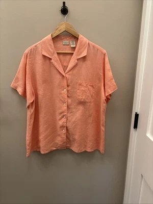 LL Bean Womens XL 100% Linen Button Up Shirt Coral Short Sleeve  Casual - Image 1 of 4