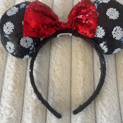 Diadema Disney Orejas de Minnie Mouse Negro Blanco Lunares Rojo Lentejuelas Lazo Foto 1 de 4