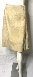 Margaret Godfrey Women’s Beige Leather Suede Embroidered A-Line Skirt Size 14 - Picture 1 of 7