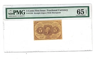 FR 1230 5 CENTS 1st ISSUE POSTAGE CURRENCY STRAIGHT EDGES w/ ABCo PMG 65 EPQ GEM - Picture 1 of 2