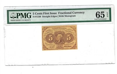 FR 1230 5 CENTS 1st ISSUE POSTAGE CURRENCY STRAIGHT EDGES w/ ABCo PMG 65 EPQ GEM - Image 1 of 2