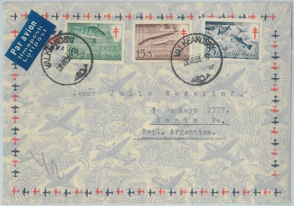 81915 - FINLAND - Postal History -  COVER  to ARGENTINA  1956 - FISH - Image 1 of 1