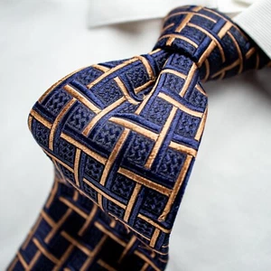 Ermenegildo Zegna gewebte Seidenkrawatte blau orange schwarz geometrisch 58,5 Zoll L x 3,75 Zoll B - Bild 1 von 13