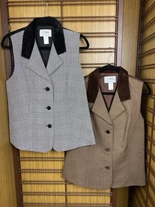 CWS Casual Work Styles Vest Brown & Black Plaid Velvet Collar Button-up Size L - Picture 1 of 7