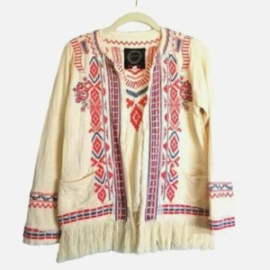 Johnny Was Yatzil biya Jacket Ivory Red Blue Embroidery Floral Fringe Boho Small - Picture 1 of 16
