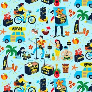 Hawaiian Fabric, BTY, Spam Life, Aqua, DDC8931-AQUA-D, TheFabricEdge - Picture 1 of 1