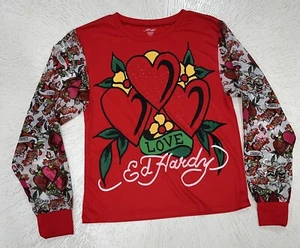 Ed Hardy Love Long Sleeve Large 12/14 Shirt Red Graphic Print Y2K Casual Youth - Picture 1 of 7