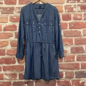 Gap Dress Womens Large Blue Chambray Denim Pocketed Popover Roll Tab Sleeves - Picture 1 of 8