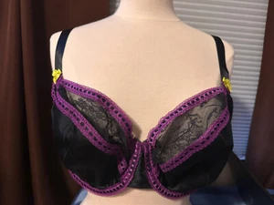 CACIQUE BLACK & PURPLE WITH YELLOW BOW ON STRAPS, SIZE 44D, UNDERWIRE - Picture 1 of 9