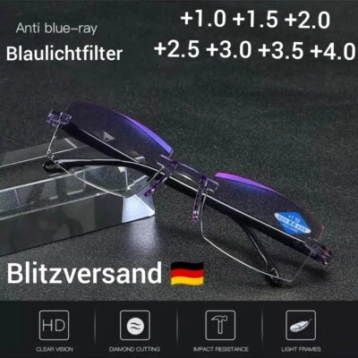 1-2 Lesebrille Blaulichtfilter Rahmenlos Lesehilfe Anti Blaulicht 1.0-4.0 Starke - Bild 1 von 4