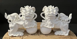 Vtg CDGC Imports Japan Foo Dogs Guardian Lions Statues Pair White Porcelain 5.5" - Picture 1 of 10